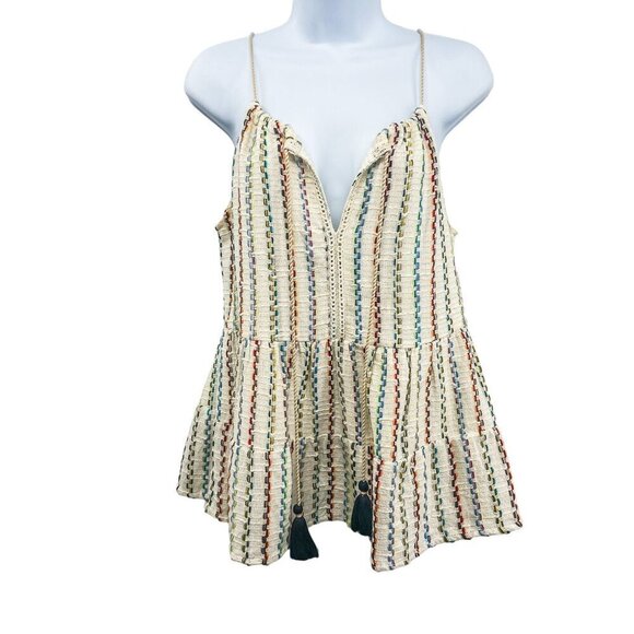 Anthropologie THML Embroidered Tank Top Blouse Rainbow Stripe Tassel Babydoll - Picture 1 of 6